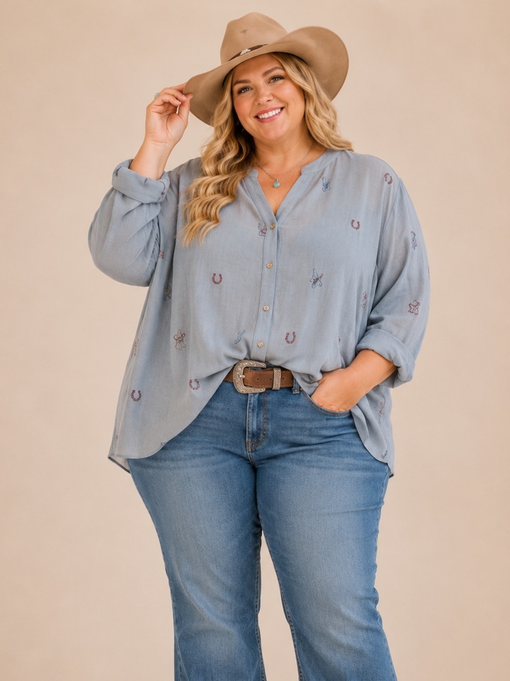 FIG + FLOWER Western Embroidered Steel Blue Boho Cowgirl Blouse 2X NWT